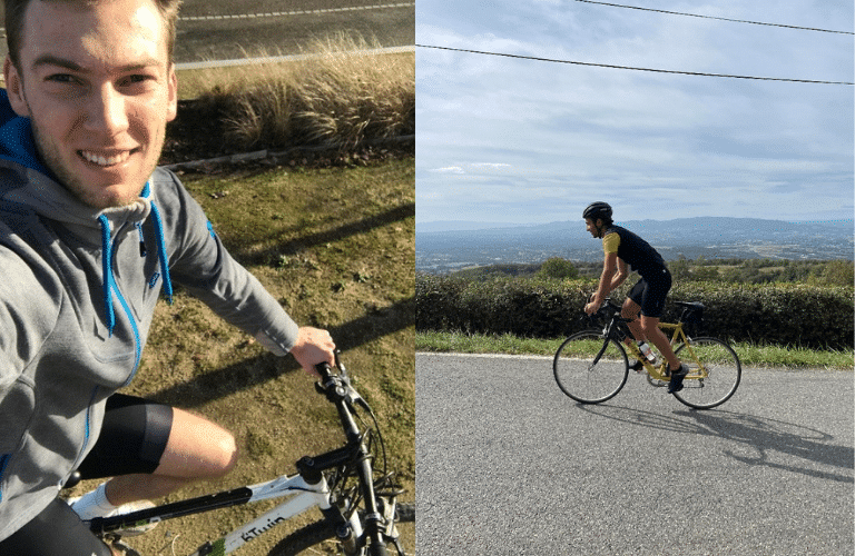 Deux sportifs à vélo faisant le tour d'Europe pour le Geres